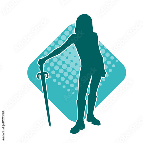 Silhouette of a female fighter in action pose carrying sword weapon.
