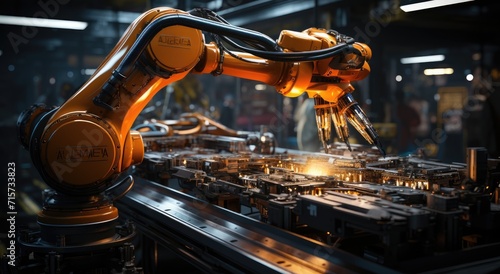 A precision indoor worker, the robotic arm gracefully navigates the complex machine, seamlessly executing its programmed tasks with robotic efficiency