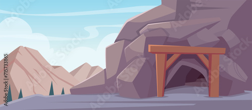 Outdoor cave. Rock entrance illustrations in cartoon style exact vector background of cave