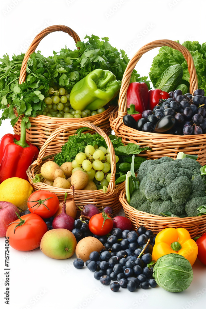 Assorted organic vegetables and fruits in wicker basket isolated on white background Assorted organic vegetables and fruits in wicker basket isolated on white background