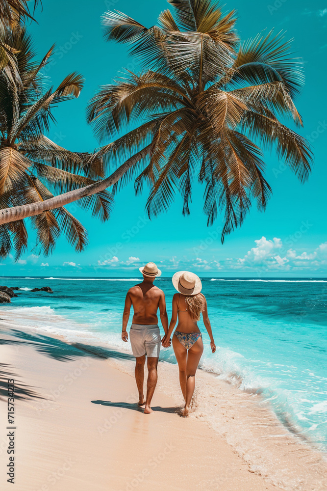 young couple in love against the background of tropical beach and ocean