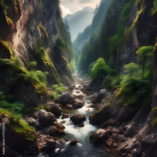 A mountain stream flowing through a rocky gorge with lush vegetation