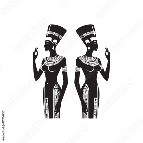 Royal Reverie: Queen Nefertiti Silhouette Set in a Dreamlike Reverence to Ancient Egyptian Royalty - Ancient Egyptian Queen Illustration - Ancient Egypt Vector
