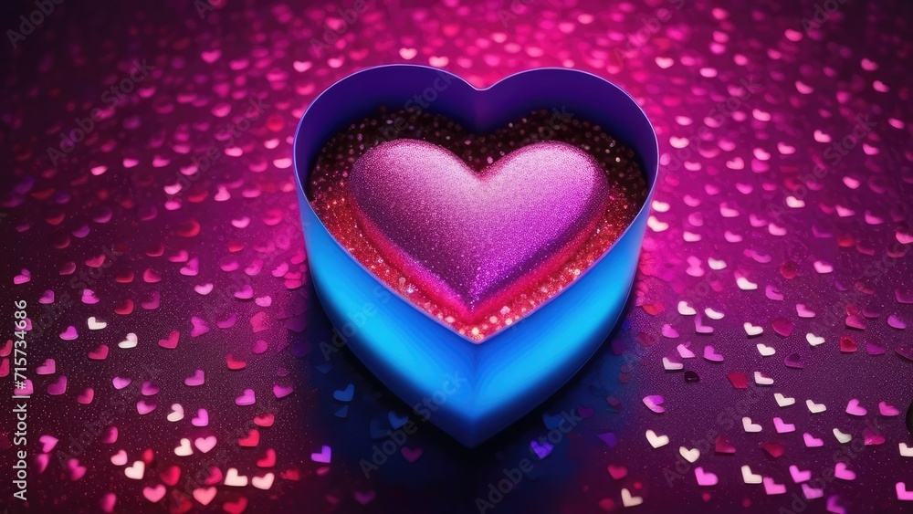 Gift box with big pink heart in neon lighting, concept of Valentine's Day, romance and love.