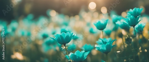 Blurred silhouettes of flowers toned in the turquoise color