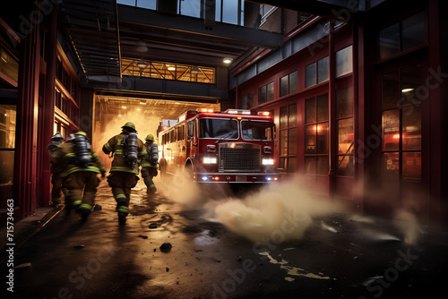 Firefighter Crew Runs Towards Blaze in Cinematic Scene - Featuring a Firetruck