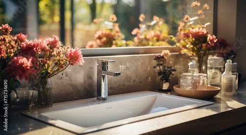 An indoor oasis blooms from the countertop  as delicate flowers grace the sink and tap while a vase sits in perfect harmony with the plumbing fixture  framed by a wall of vibrant floral designs and a