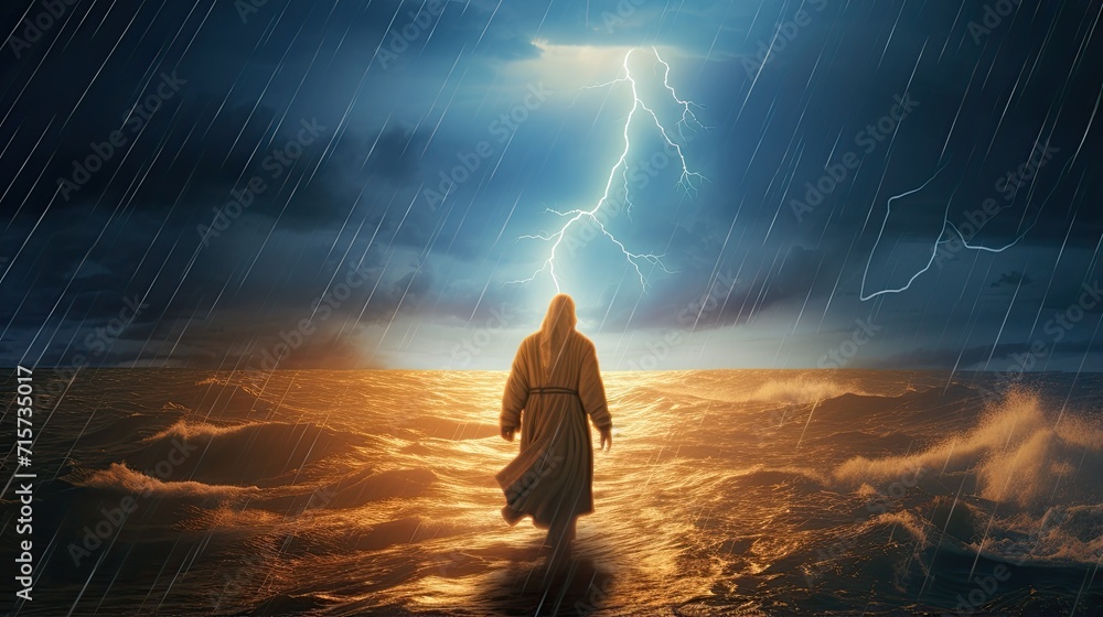 Jesus walks towards the light on the water during a violent storm. See a miracle. The concept of divine power and faith. Flash of lightning on dark background. Illustration for varied design. - obrazy, fototapety, plakaty 