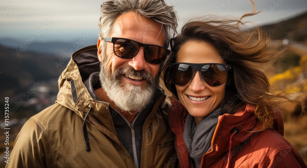 A couple braves the winter chill, their faces hidden behind sunglasses and jackets, as they smile in the shadow of a majestic mountain A couple braves the winter chill, their faces hidden behind sunglasses and jackets, as they smile in the shadow of a majestic mountain