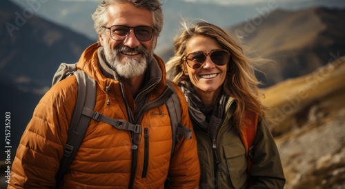 A couple embraces the beauty of nature as they pose for a photograph, their genuine smiles and rugged outdoor attire capturing the essence of adventure and love