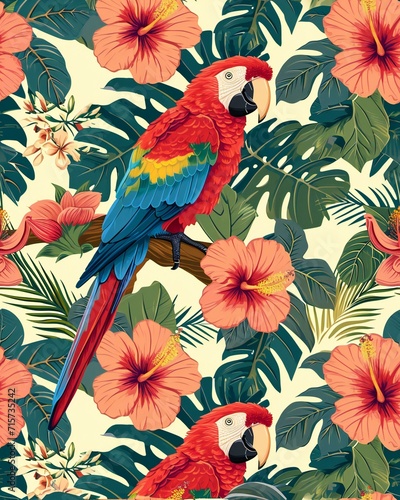 a colorful parrot sitting on top of a tree branch, wallpaper design, tropical birds, tropical flowers, tropical background, elegant tropical prints, floral wallpaper, dark flower pattern wallpaper, © AJOY