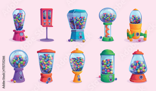 Vending machines sweets. Colored gum and candy in vending machines exact vector pictures collection
