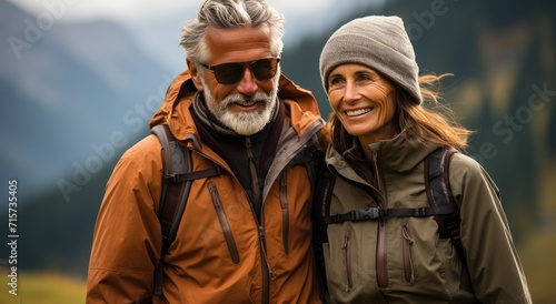 A couple stands atop a snow-covered mountain, their faces full of joy as they smile at each other, their winter jackets and beards hinting at the adventurous hike they've just completed