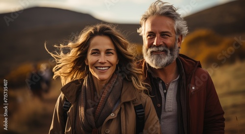 A happy couple stands proudly against the breathtaking backdrop of a mountain, their faces adorned with warm smiles, stylish jackets, and a sense of adventure