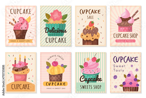 Cupcakes cards. Design decorative cards bakery dessert products recent vector muffins photo