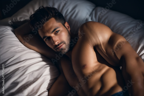 Shirtless Man Resting on White Bed. Generative AI.