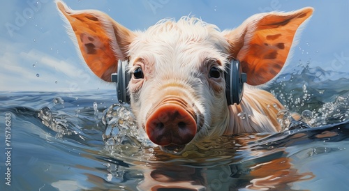An unlikely aquatic music enthusiast, a domestic pig dons headphones while cooling off in a pool, embracing its unique personality and love for water