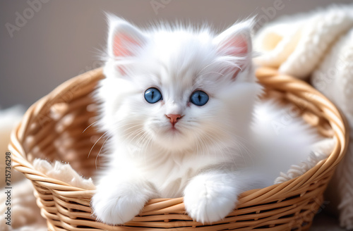 A fluffy white kitten with blue eyes lies in a basket with a blanket. Background with a cute kitten, concept of warmth and comfort, caring for cats. Banner for a pet store. © moonmovie