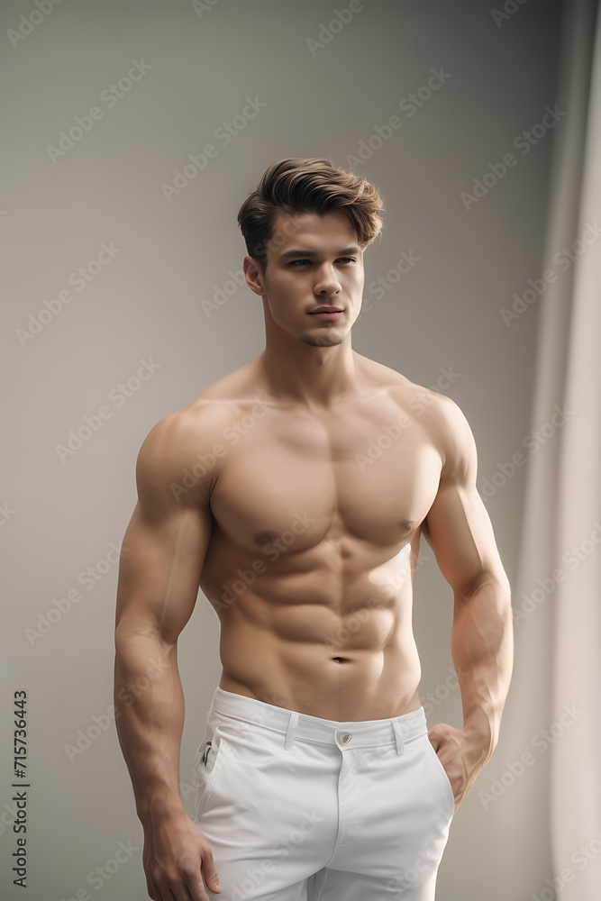 Shirtless Man Posing for Picture in Simple, Informative and Direct Way. Generative AI. Shirtless Man Posing for Picture in Simple, Informative and Direct Way. Generative AI.
