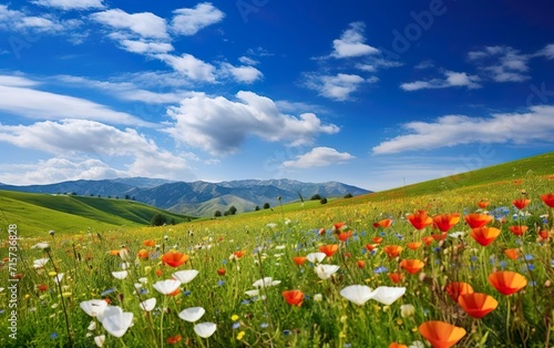 Sunny weather poster. Beautiful spring landscape with colorful wildflowers in a green meadow on a blue sky day, white clouds. AI Generative.