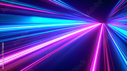 Horizontal blue neon stripes in vibrant colors, resembling fast-moving light tubes, create an energetic background 