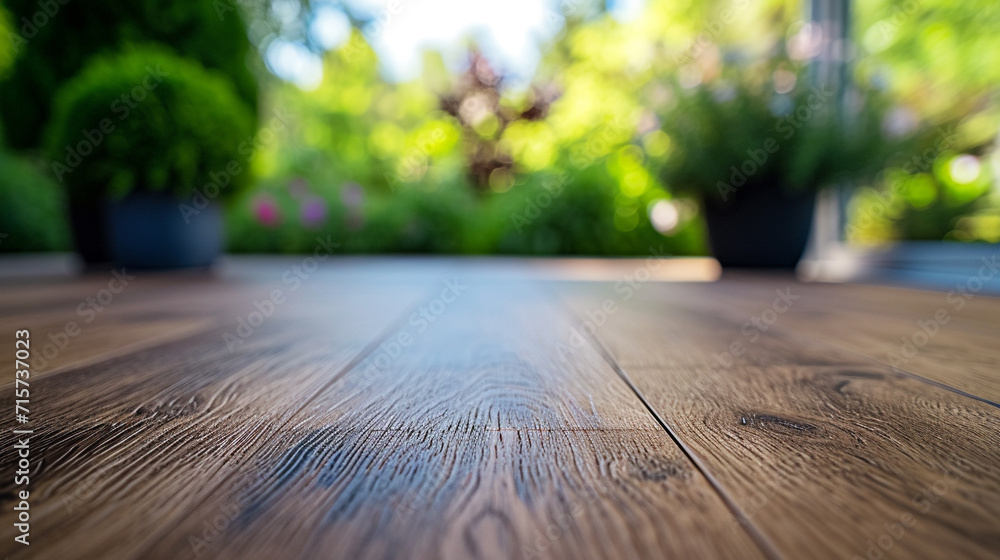 New brown matte oak texture laminate flooring, blurred spring garden background, macro shot, focus on laminate flooring. --ar 16:9 --v 6 Job ID: 9a69923e-81fc-4608-b248-521125f2d0db - obrazy, fototapety, plakaty 