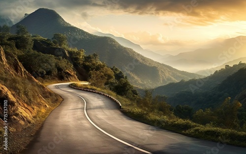 Mountain view. Winding road stretching into the distance. Horizontal landscape poster. Serpent road and foggy valley. AI Generative.