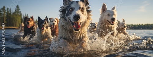 Under the vast open sky, a pack of lively canines frolic in the refreshing lake, showcasing their natural love for water as they swim and play together in perfect harmony photo
