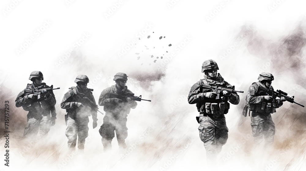 Combat infantry attack the enemy. Fully equipped soldiers of war run forward with rifles ready to shoot. Military operation in action. Special Forces. Squad running in formation. Army concept.