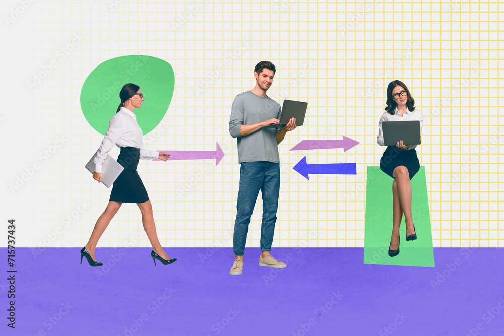 Fototapeta premium Collage creative picture illustration happy thoughtful beautiful young women man hold laptop team unusual colorful figure template