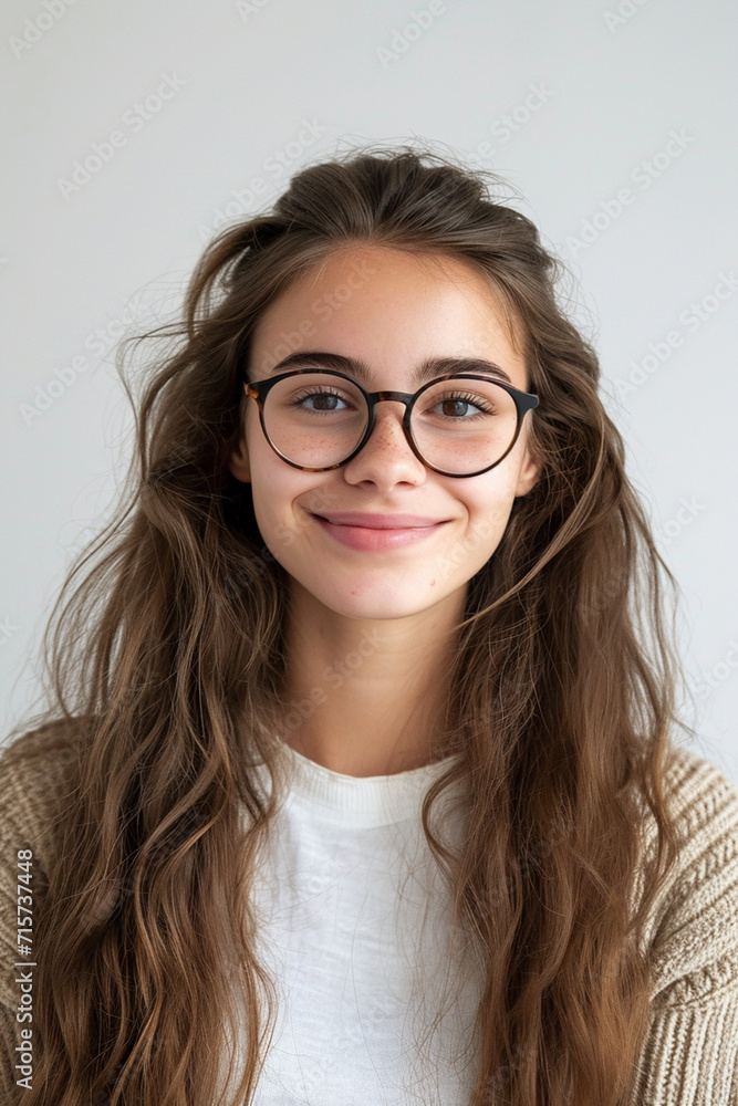 a girl in glasses on a white background close-up