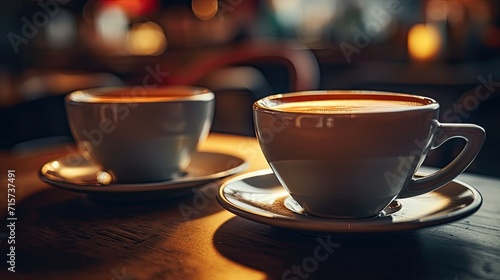 Two cups of coffee. A couple of hot drinks (cappuccino, hot chocolate) stand on the table. Illustration for cover, card, postcard, interior design, poster, brochure, advertising or presentation.