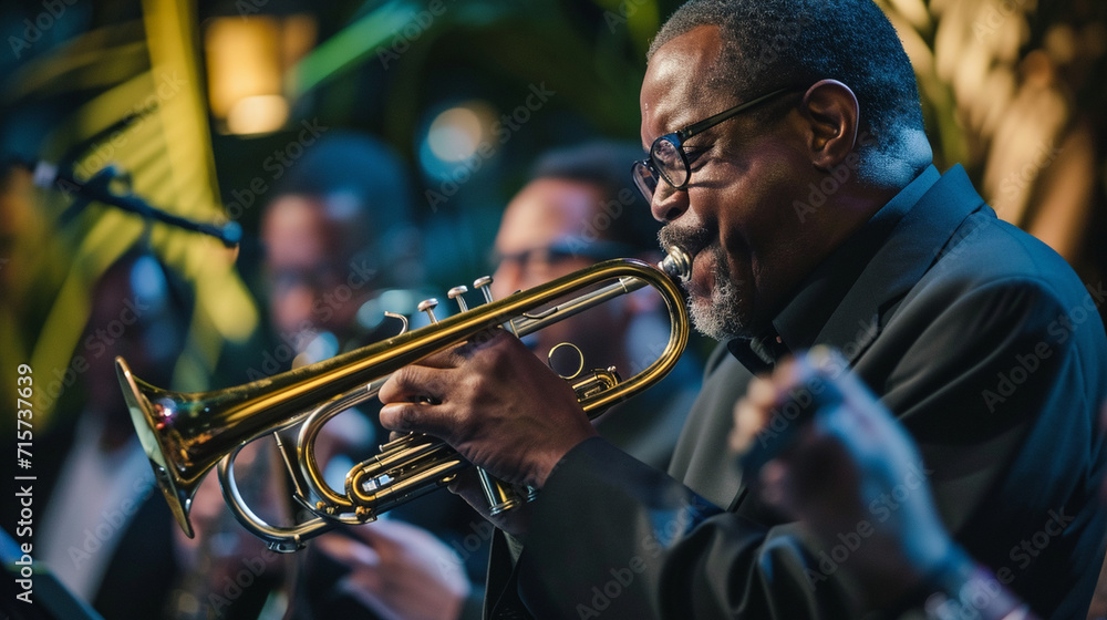 Obraz premium A lively jazz ensemble in action, featuring a trumpet player passionately blowing into the brass instrument, surrounded by fellow musicians immersed in the rhythm. The composition