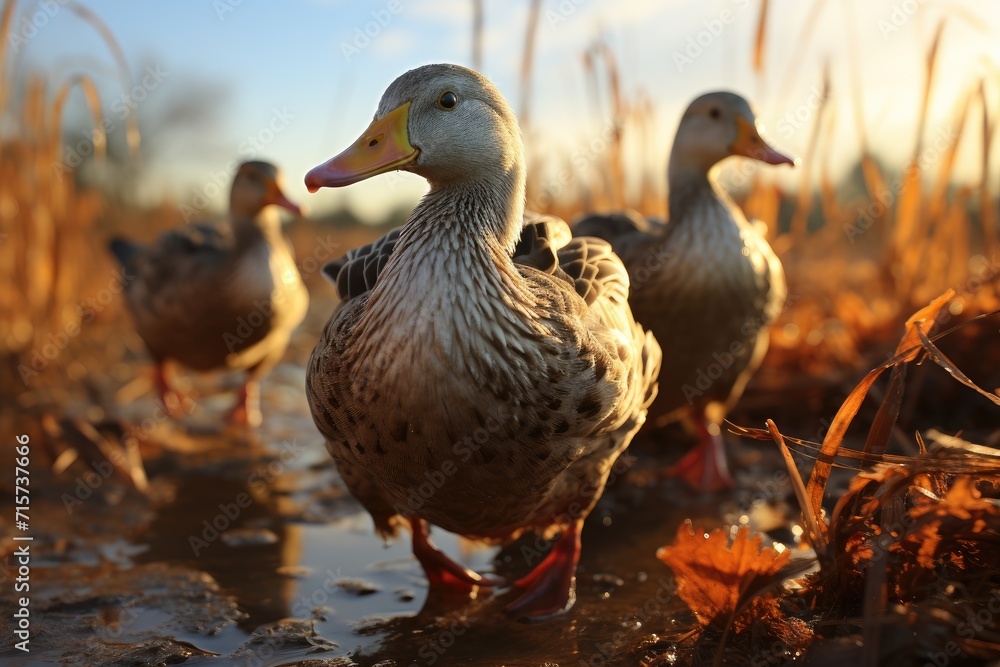 A flock of muddy ducks waddling through the grass, their beaks pointed towards the sky as they navigate the watery terrain, showcasing the beauty of nature's resilient creatures A flock of muddy ducks waddling through the grass, their beaks pointed towards the sky as they navigate the watery terrain, showcasing the beauty of nature's resilient creatures