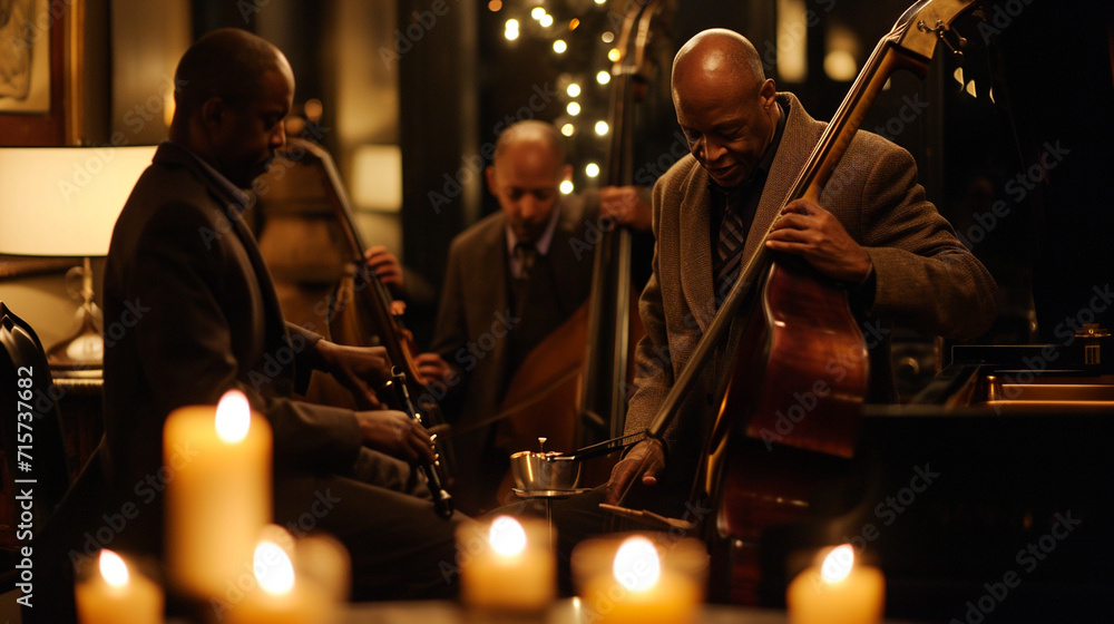 A jazz quartet creating an intimate musical moment, with the soft glow of tabletop candles illuminating the expressive faces of the musicians. The scene captures the camaraderie an