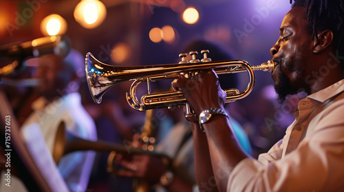 A lively jazz ensemble in action, featuring a trumpet player passionately blowing into the brass instrument, surrounded by fellow musicians immersed in the rhythm. The composition photo