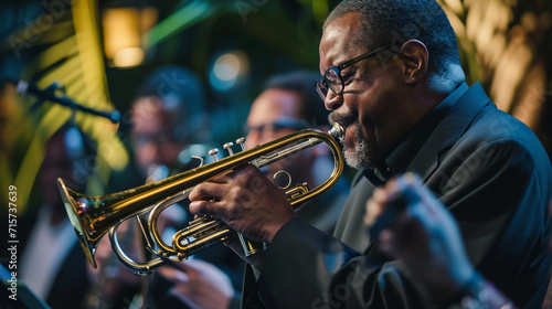 A lively jazz ensemble in action, featuring a trumpet player passionately blowing into the brass instrument, surrounded by fellow musicians immersed in the rhythm. The composition photo