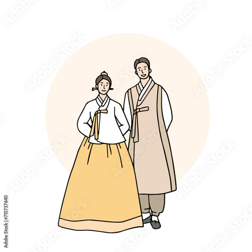 A couple wearing hanbok, traditional Korean clothes. Hand-drawn vector illustrations