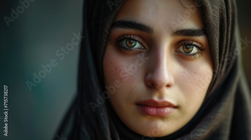 Muslim woman wear hijab. Sad middle eastern girl portrait. Religious serious lady look at camera. Beautiful female arab person face closeup. Upset arabian emigrant concept. Social issue. Home abuse.
