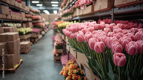 A large quantity of flowers packaged in refrigerator boxes warehouse, space, Generative AI.