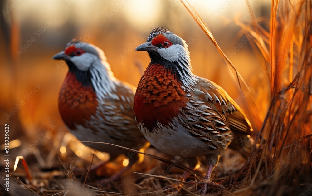 Fototapeta premium Two majestic phasianids, one with vibrant red feathers, stand proudly in the lush green grass of their natural habitat, showcasing the beauty of wildlife in the great outdoors