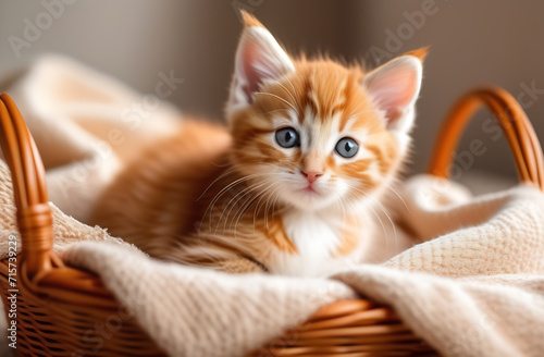A fluffy red kitten with blue eyes lies in a basket with a blanket. Background with cute kitten, concept of warmth and comfort, cat care. Banner for a pet store.