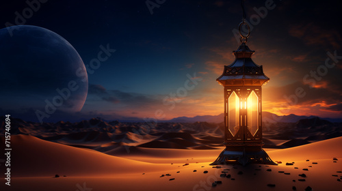 The light of Ramadan. Illustration of lanterns in the desert shining at night during Ramadan. 