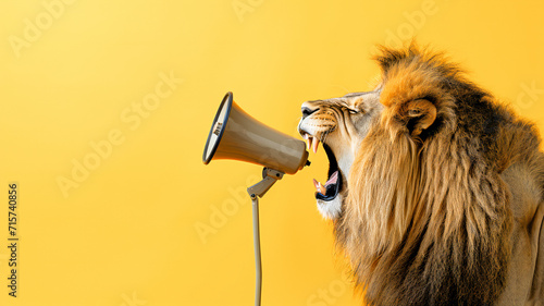 A lion growls into a megaphone. Concept of advertising with blank space photo