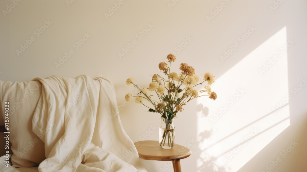 Neutral Minimalist lifestyle in Scandinavian style. Sunny day. Minimalistic interior, with a simple beautiful composition with flowers.