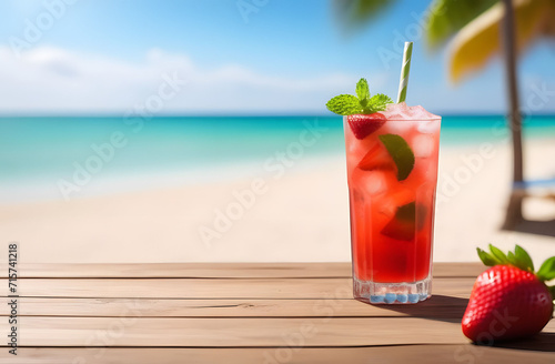 Fresh cold strawberry mojito cocktail glass in a wooden table top in a beach bar, a blurred background of a sandy beach with palm trees and the azure sea. Space for text, beach holiday concept