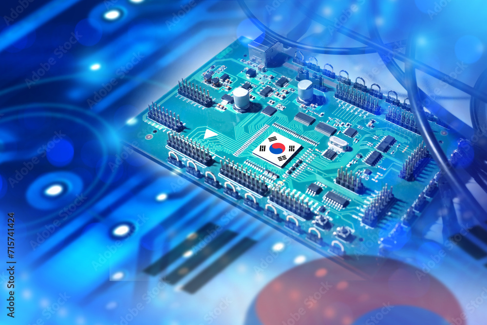 Microprocessor with South Korea flag. Semiconductor production. High