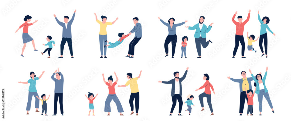 Happy families dancing together. Children and parents activities, celebrating party or home disco time. Mother father and kid dance recent vector set Happy families dancing together. Children and parents activities, celebrating party or home disco time. Mother father and kid dance recent vector set