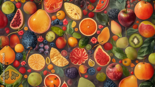 Vegetarian wallpaper with colorful fresh fruits vegan mosaic 4K