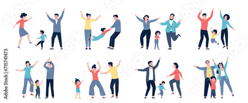 Happy families dancing together. Children and parents activities, celebrating party or home disco time. Mother father and kid dance recent vector set